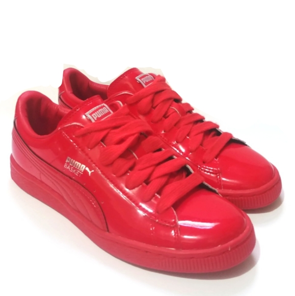 red patent leather pumas